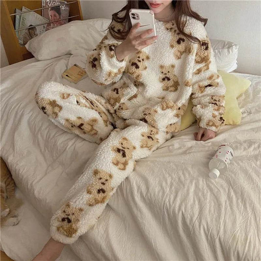 Polar Bear Fleece Winter Home Lounge wear Pajamas Set Women - Velora