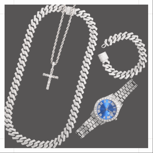 16mm Cuban Link Chain, Rope Cross Chain, Blue Face Watch, Bracelet Set - Velora Luxury Fashion