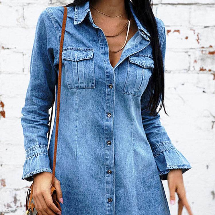 Long Sleeve Denim Button down Mini Dress Fashion Jeans Dress Women - Velora