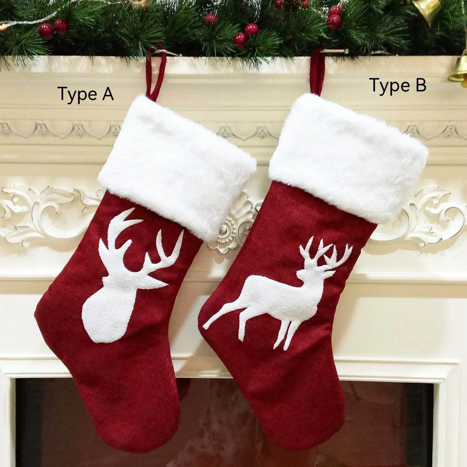 Christmas Stockings Gift Bag Red Hemp Elk Embroidery Christmas Stockings Gift Pendant - Velora