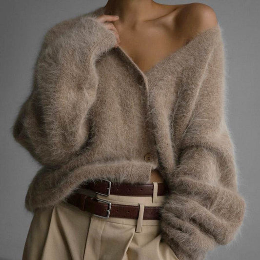 Loose V-neck Button Cardigan Fall Winter Fashion Single Breasted Knitted Sweater Top Women's Clothing - Velora