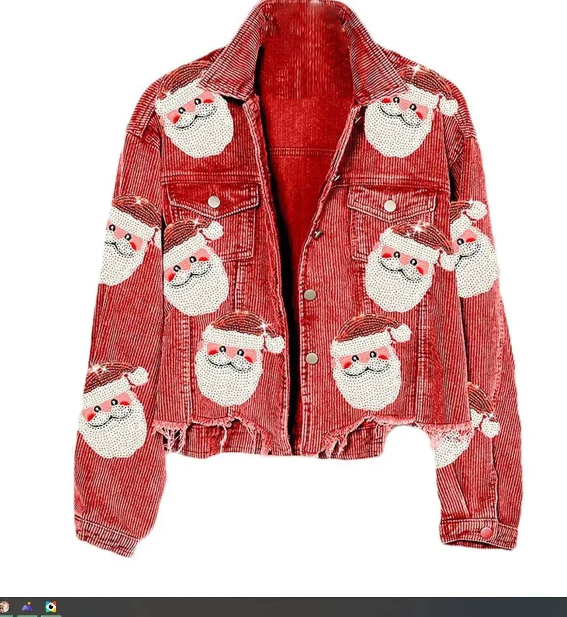 Women Christmas Corduroy Rugby Sequined crop Jacket - Velora