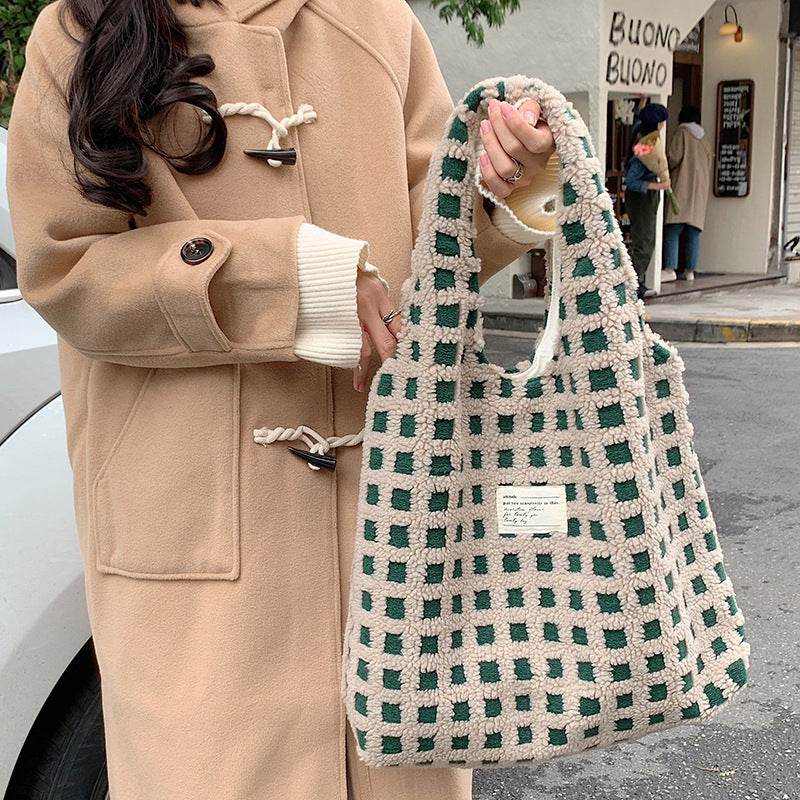 Waffle Flannel Bag Tote Bag Large Capacity Commute Minimalist Student Class Bag