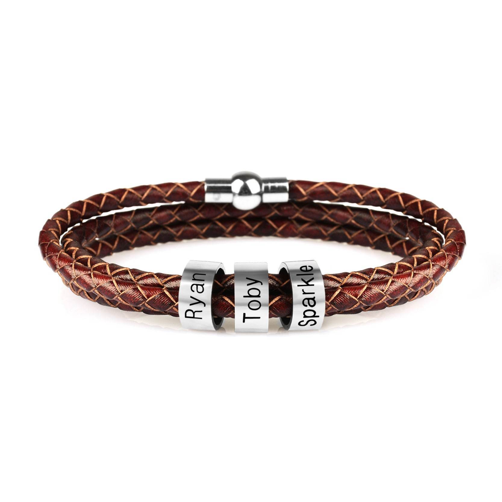 Personalized Mens Braided Genuine Leather Bracelet Stainless Steel Custom Beads Name Charm Bracelet For Men With Family Names - Velora