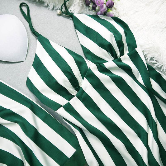 Ladies' Pajamas Summer Leisure Sexy Ice Silk Stripes, Suspenders, Trousers, Nightgowns, Three Sets Of New Silk Pajamas. - Velora