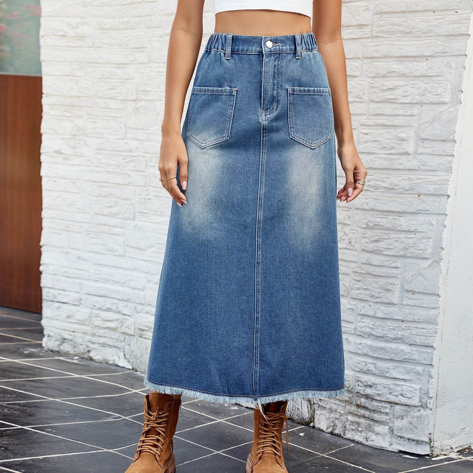 European And American Washed Frayed Hem Blue Denim Midi Skirt - Velora