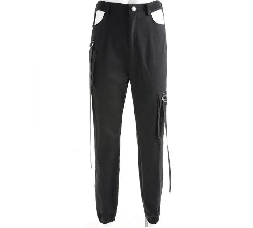 Women Black High Waist Pencil Pants Pockets Patckwork Hollow Out Pants Fashion Women Streetwear Cargo Pants Women Pants - Velora
