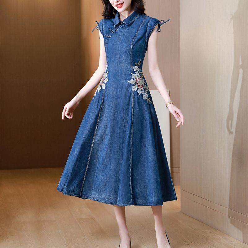 New Modified Version Denim Jeans Flared Midi Dress Female Machine Embroidery Retro