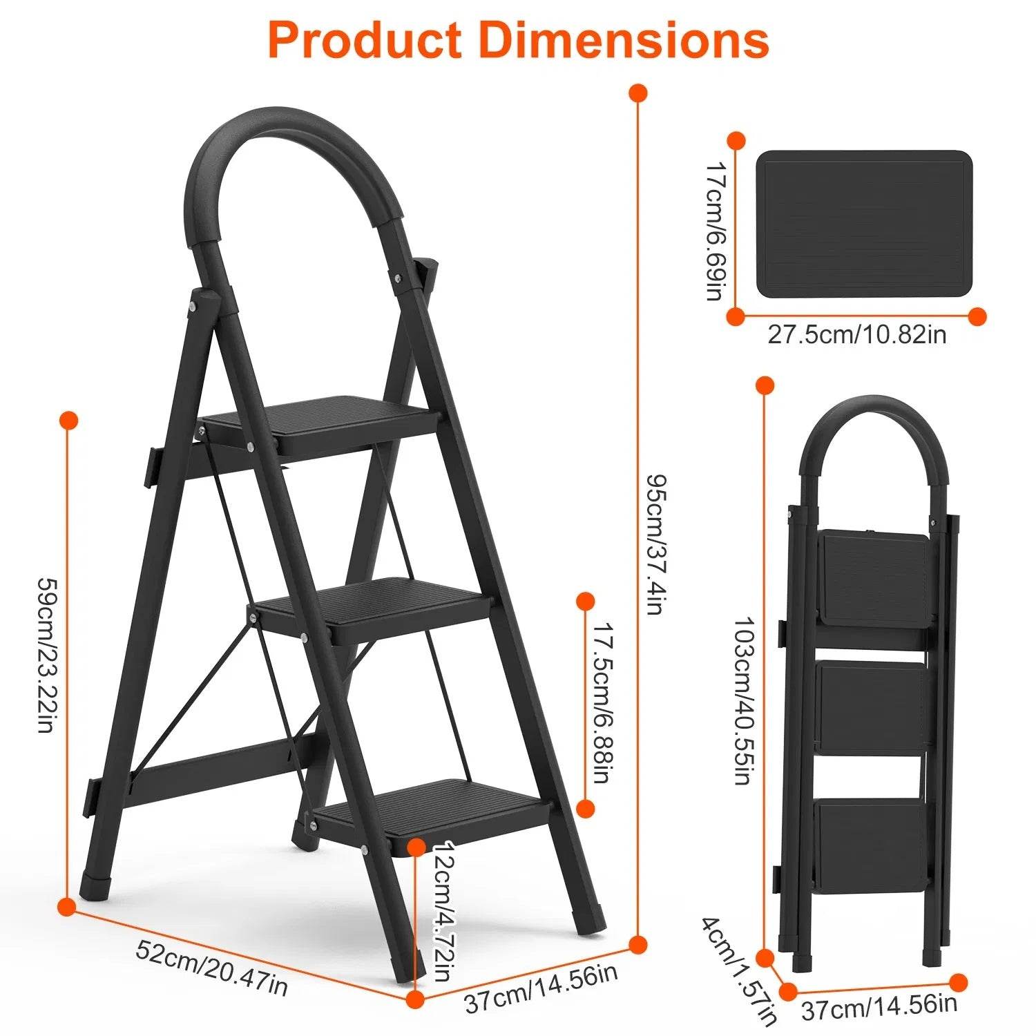 3-Step Folding Ladder, 330lbs Load Capacity, Lightweight 6.94lbs With 1.57in Folding Width, Heavy Duty Steel Construction, Non-Slip Pedals & Feet, Safety Lock, Multi-Use For Home Kitchen Living Room - Velora