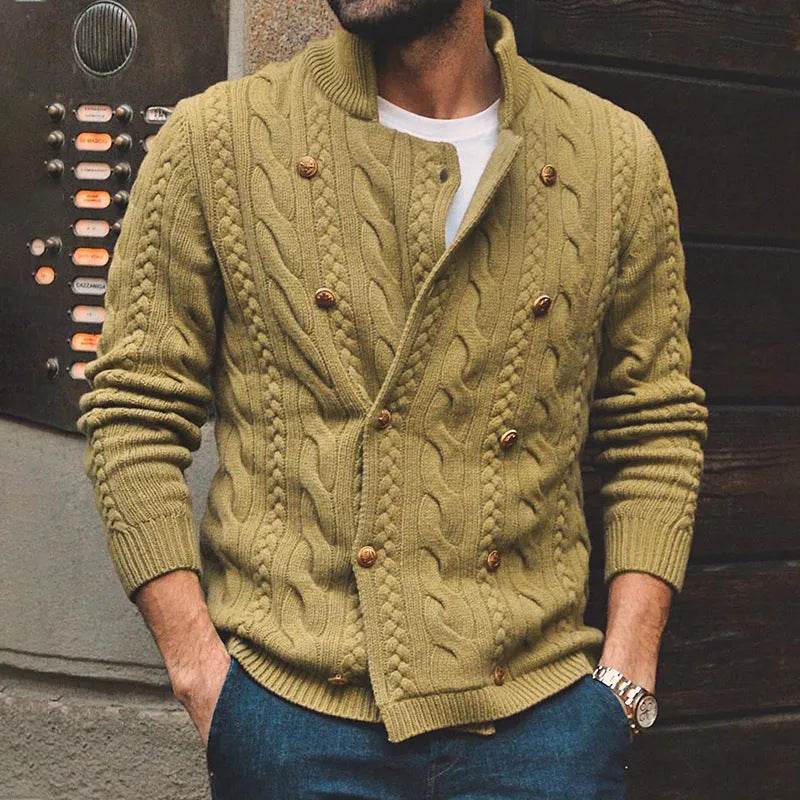 Men's Pure Color Half Collar Double-breasted Knitted Sweater Coat - Velora