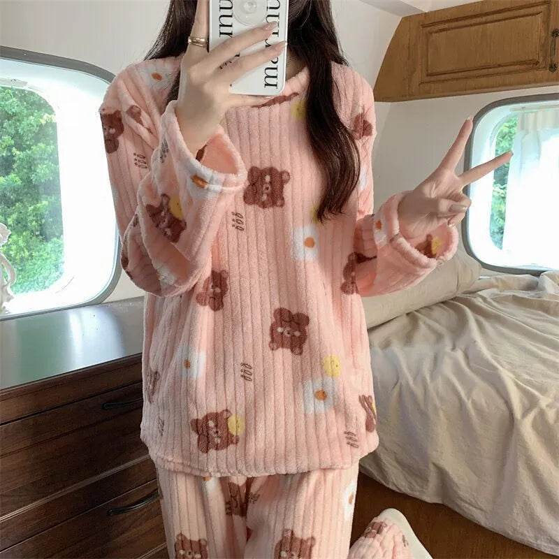2pcs Women's Fall Winter Warm Pajamas Sets Coral Long Sleeve Cute Cartoon Bear Sleepwear Nightclothes - Velora