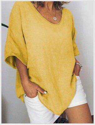 Spring Summer Loose Short Sleeves cotton linen blouse top Women Summer Tops - Velora