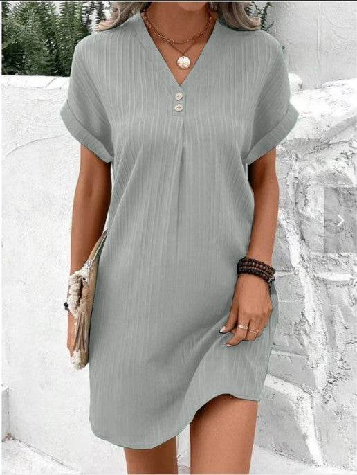Fashion V-neck Short-sleeved Dress Casual Solid Strip Button Dresses Womens Clothing - Velora
