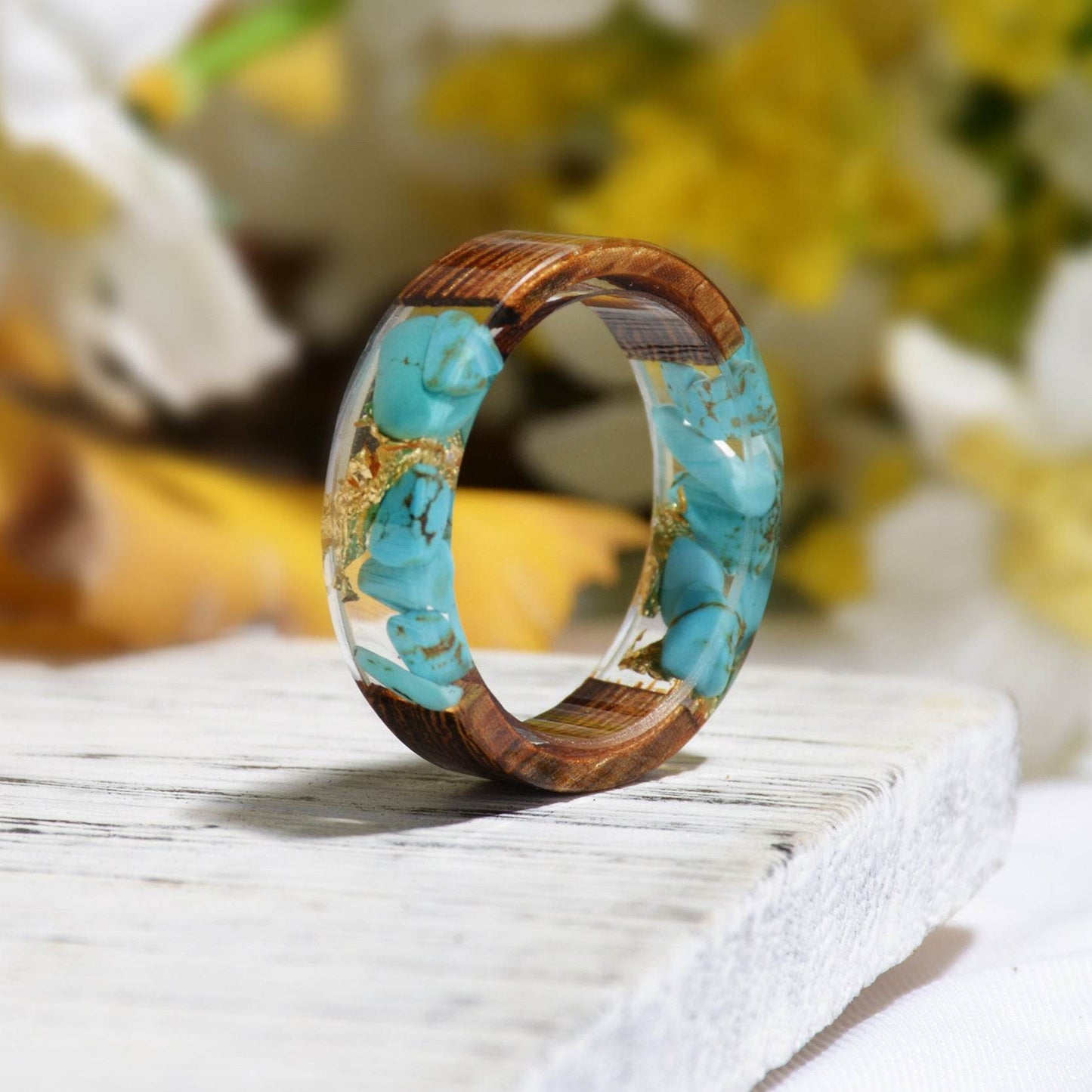 Handmade DIY romantic dry flower Real wood resin ring gold / silver paper inside ring women wedding party ring gifts for the lover - Velora