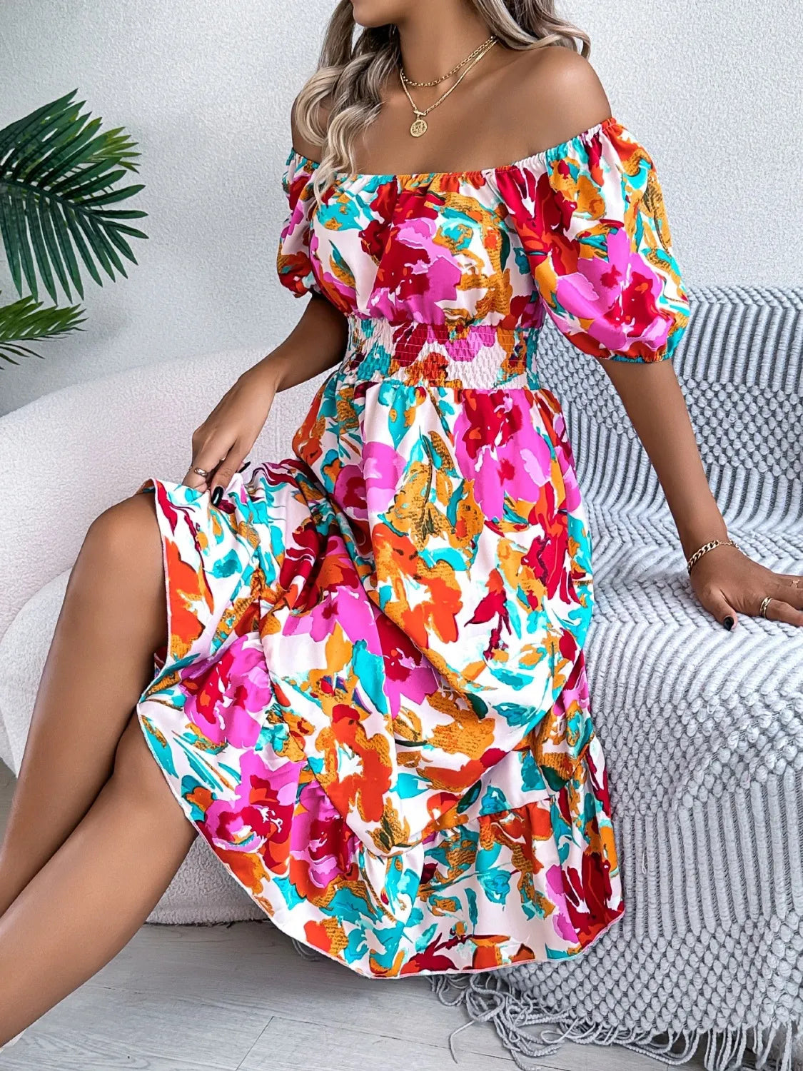 Ruffled Hem Smocked Floral Short Sleeve Midi Dress - Velora