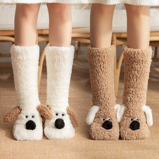 Cute Cartoon Dog Floor Socks Winter Warm Non-slip Plush Socks For Women - Velora