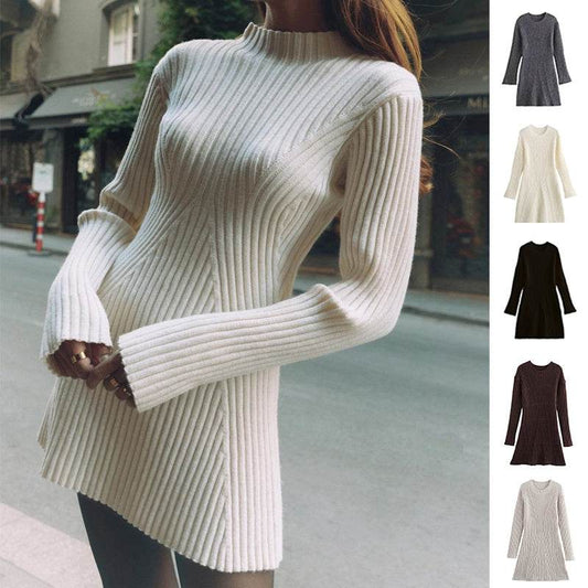 Fashion Solid Ribbed Knitted Dress Fall And Winter Slim-fit Stand-up Collar A-line Dresses Women's Clothing - Velora
