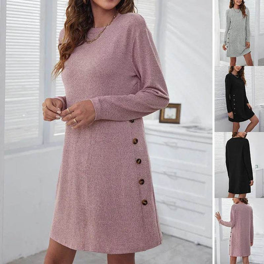 Long-sleeved Round-neck Straight Dress Fashion Casual Loose Solid Color Dress For Women Fall Spring Clothing - Velora