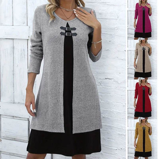 Contrast Color Buckled Round Neck Fashion Winter Sweater Dress - Velora