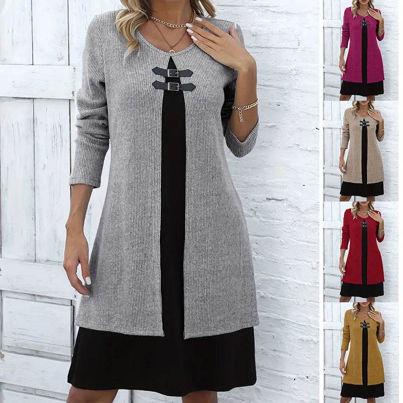 Contrast Color Buckled Round Neck Fashion Winter Sweater Dress - Velora