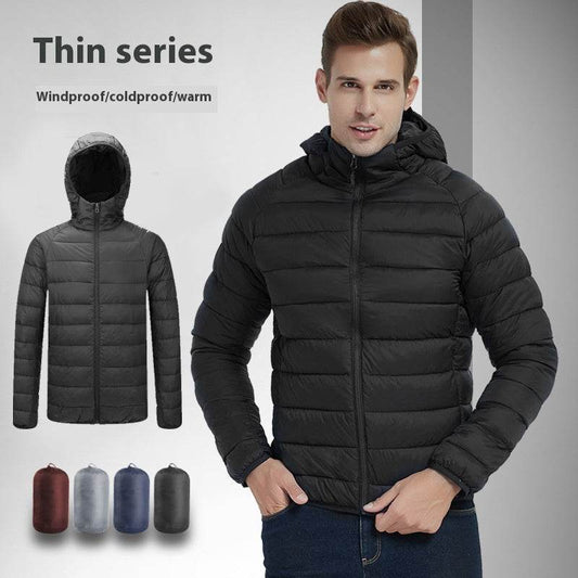 Men's Lightweight Hooded Coat Winter Warm Solid Color Zipper Jacket Fashion Portable Outerwear Top Clothing - Velora