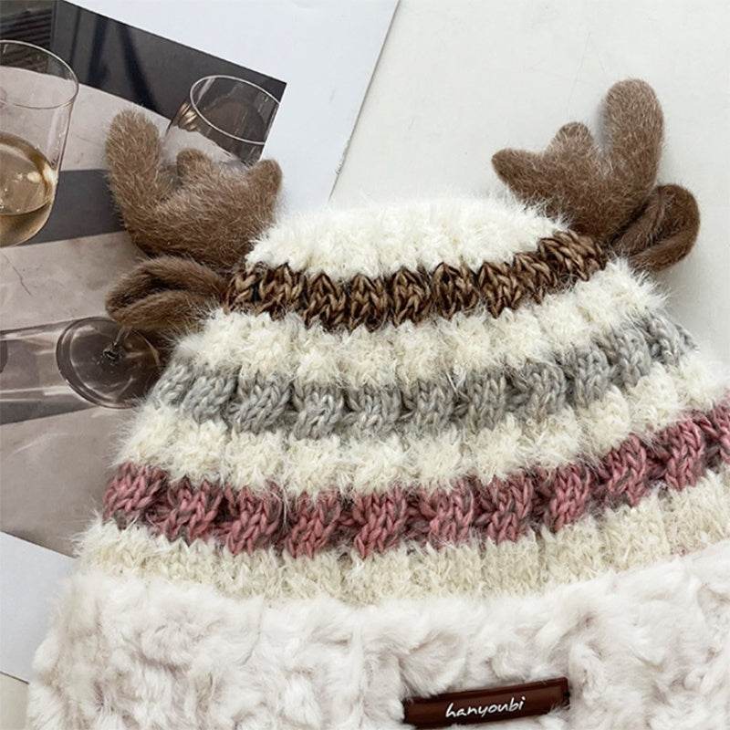 Christmas Knitted Hat With Cute Deer Antler Winter Warm Thick Hat For Girls Women - Velora