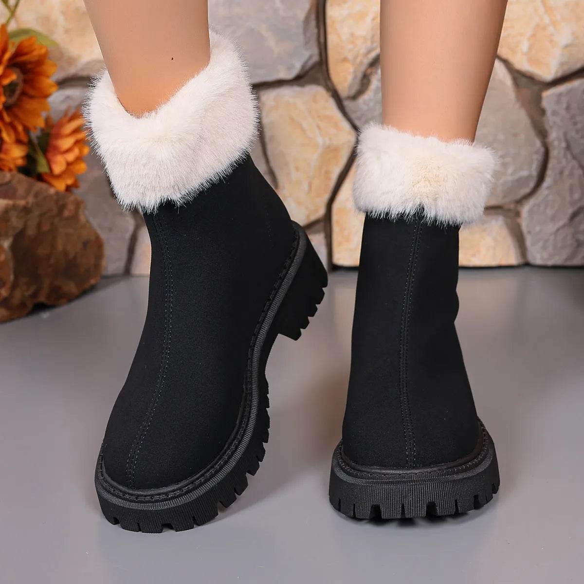 Square-heeled Snow Boots Winter Plus Velvet Platform Plush Shoes Fashion Warm Non-slip Mid-calf Boot For Women - Velora