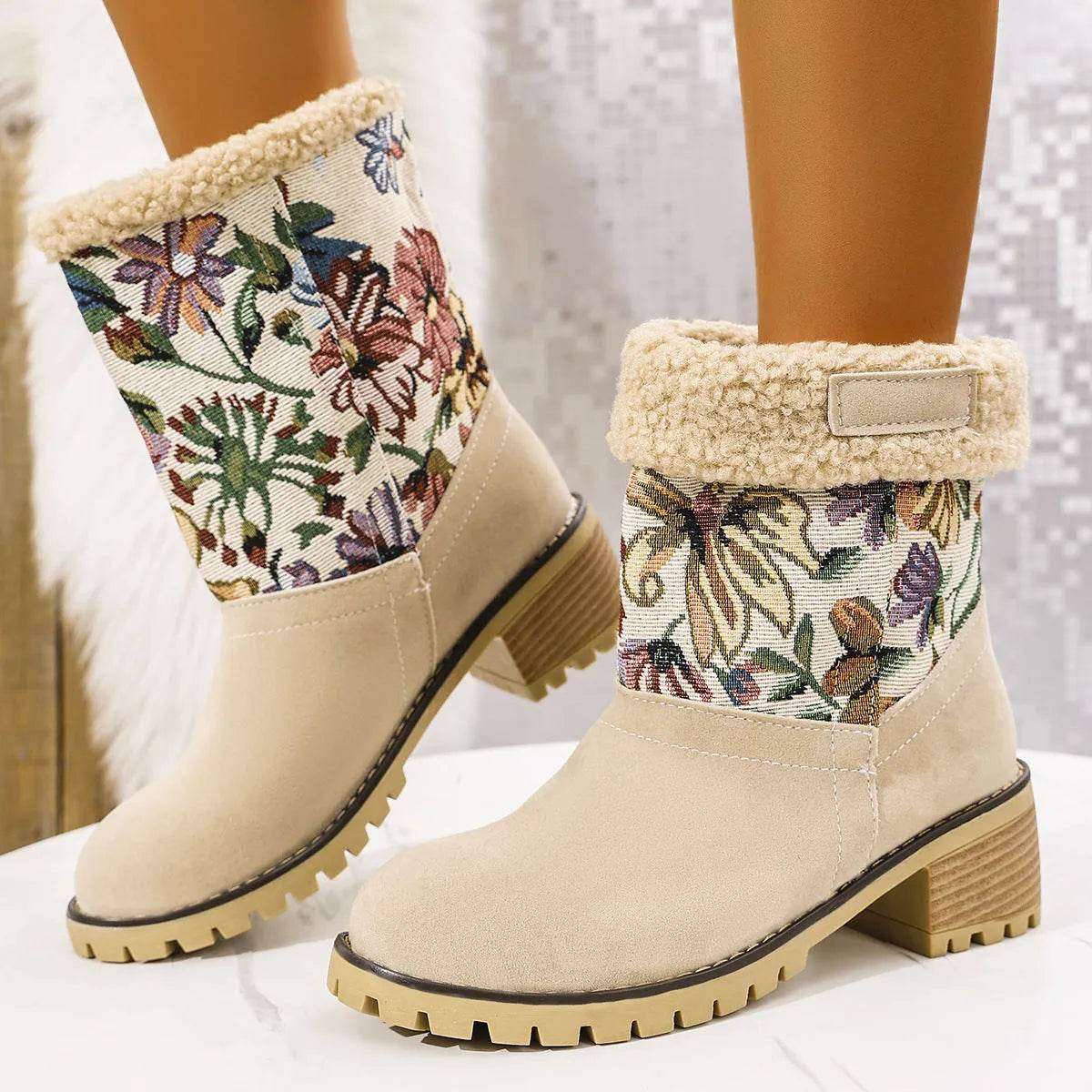 Flowers Embroidered Snow Boots Ethnic Style Platform Thick Square Heel Mid-tube Boot Winter Warm Cotton Shoes For Women - Velora