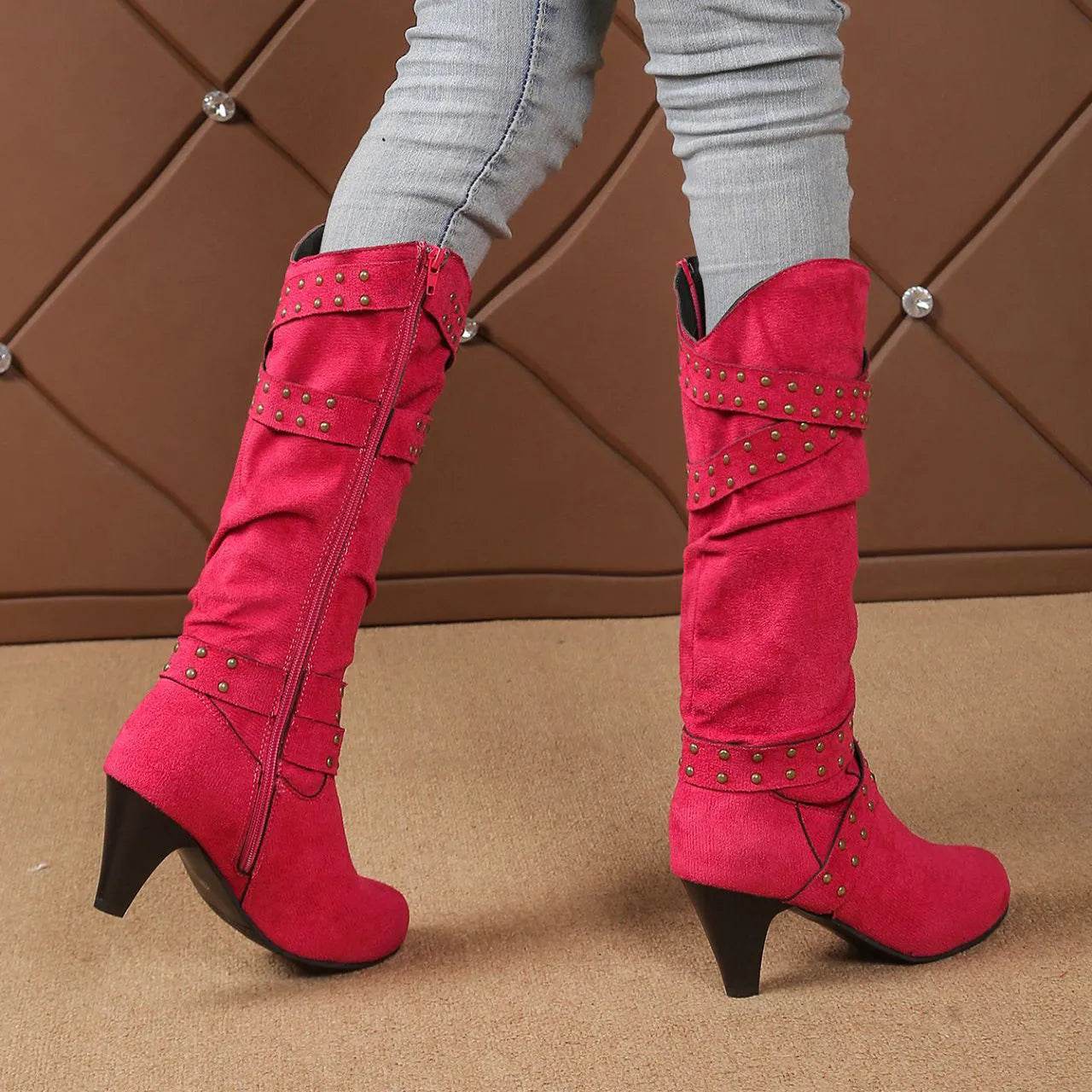 Fashion High Heel Boots With Cross-strap Rivet Design Retro V-cut Western Cowboy Boot Casual Zipper Shoes For Women - Velora