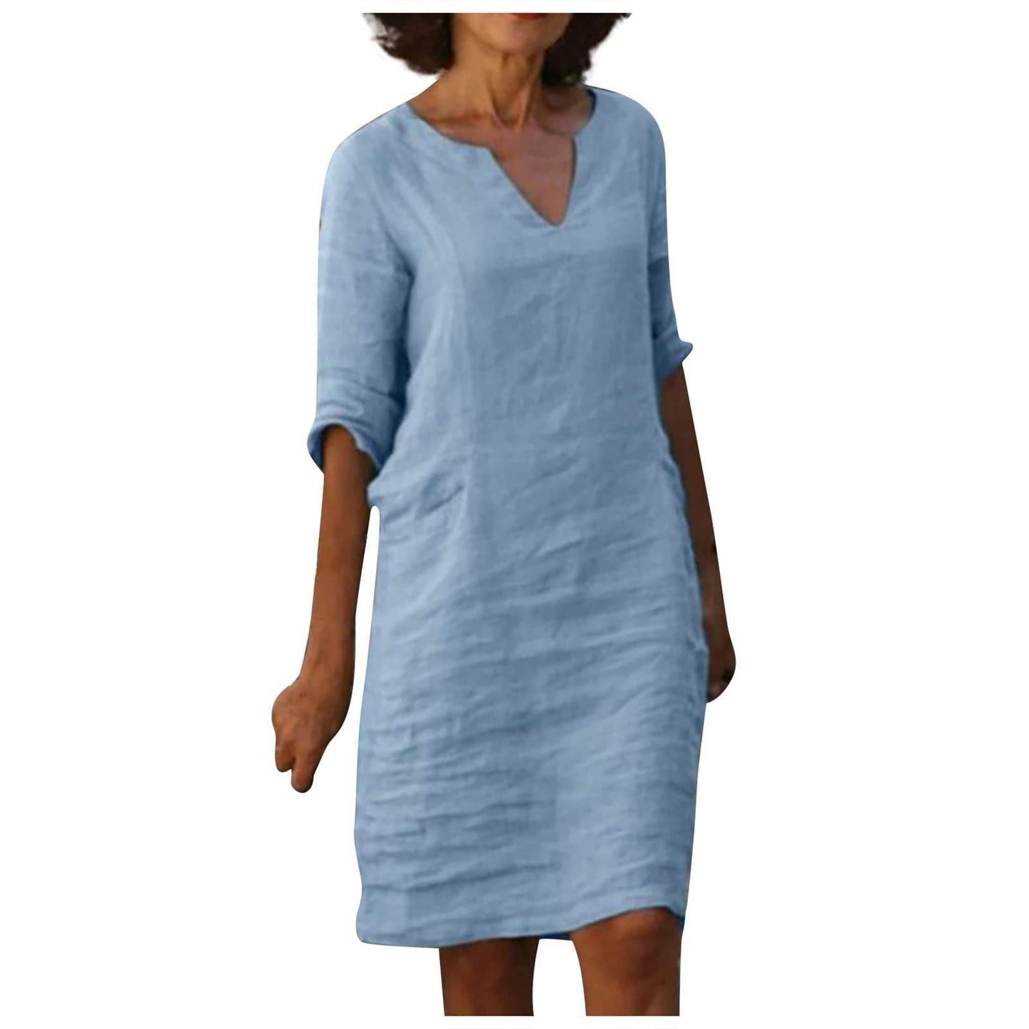 Cotton And Linen V-neck Dress Summer Stitching Retro High Waist Pure Color Dresses - Velora