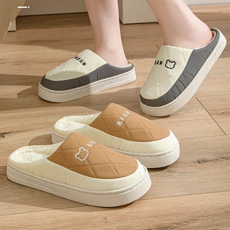 Rhombic Sewing Plush Slippers For Men Winter Warm Non-slip House Shoes Women's Bedroom Floor Home Slipper Couple - Velora