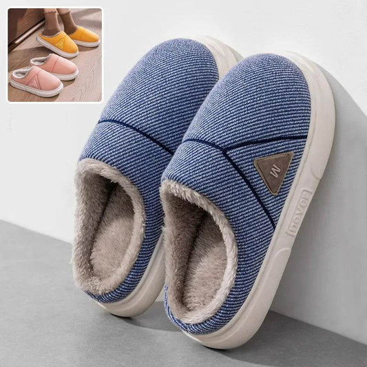Solid Striped Home Slippers Winter Warm Fleece Shoes Men Indoor Bedroom Floor Plush Slippers For Women Couple - Velora