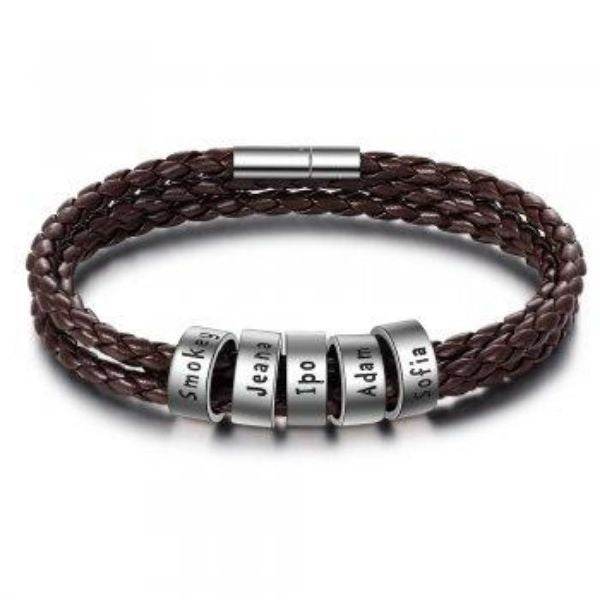 Personalized Mens Braided Genuine Leather Bracelet Stainless Steel Custom Beads Name Charm Bracelet For Men With Family Names - Velora