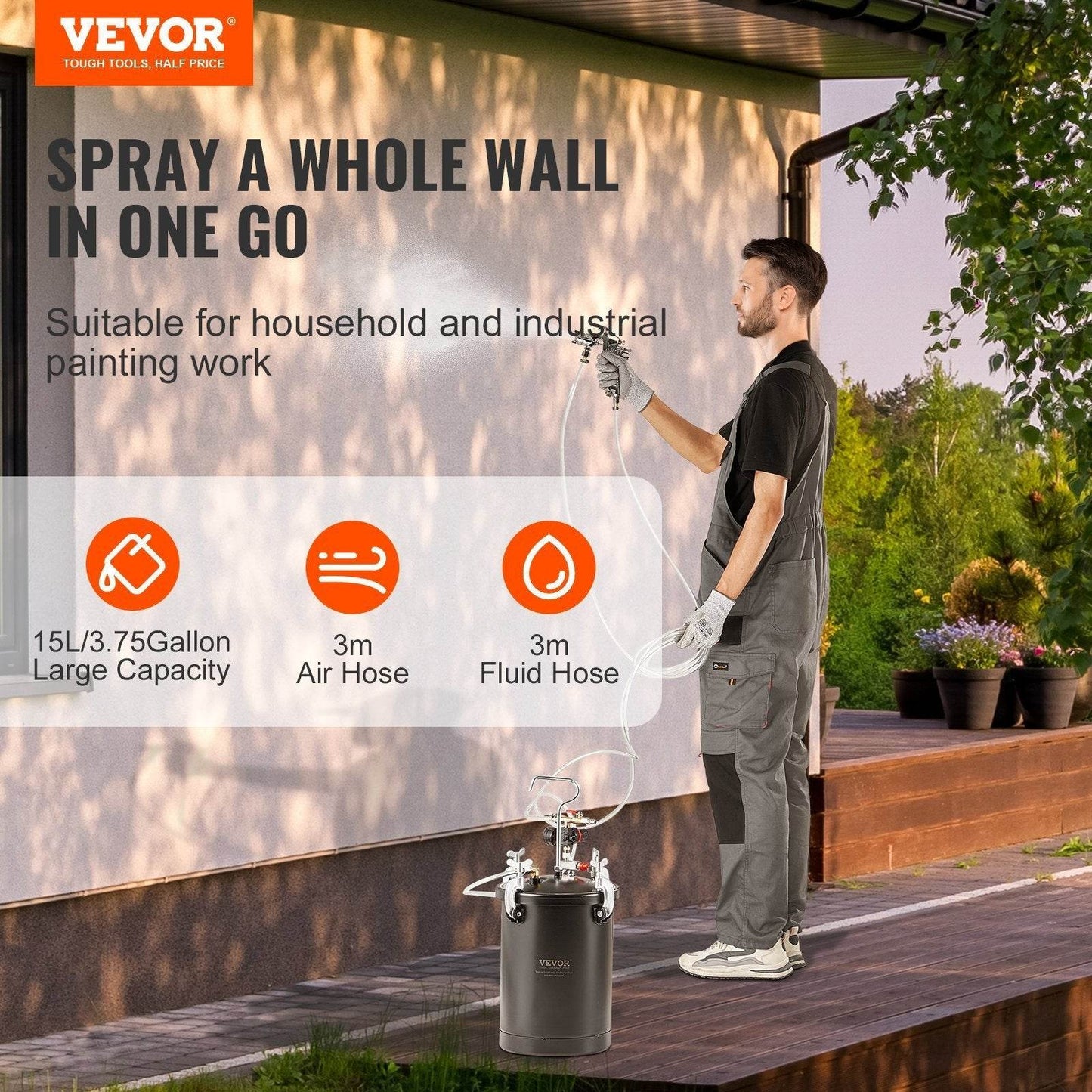 Spray Paint Pressure Pot Tank 15L 3.75gal Spray Gun Hoses Pressure Gauge - Velora