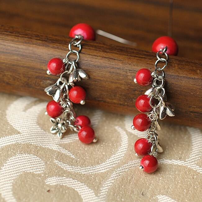 Ethnic Style Jewelry Red Pearl Seedling Silver Beaded Earrings - Velora