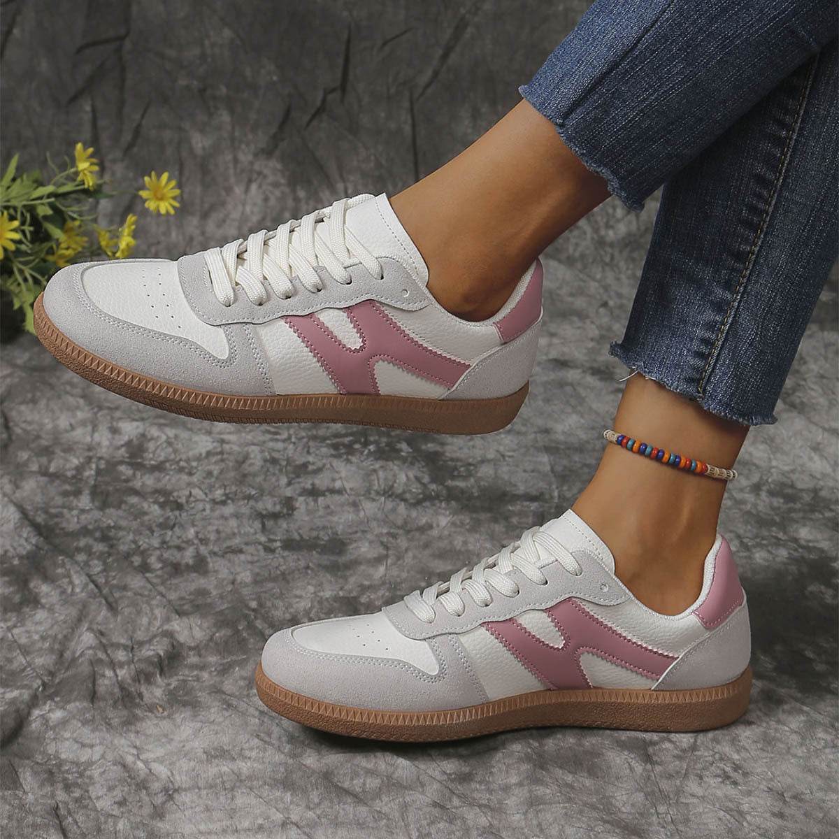 New Colorblock Lace-up Flats Shoes Fashion Round Toe Slip On Casual Shoes For Women - Velora