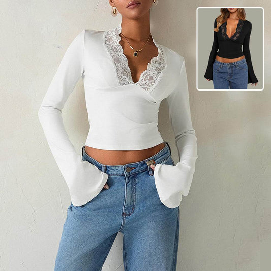 Slim V-neck Lace Ins Fashion Trumpet Sleeve Long-sleeved tank Top Women Clothing - Velora