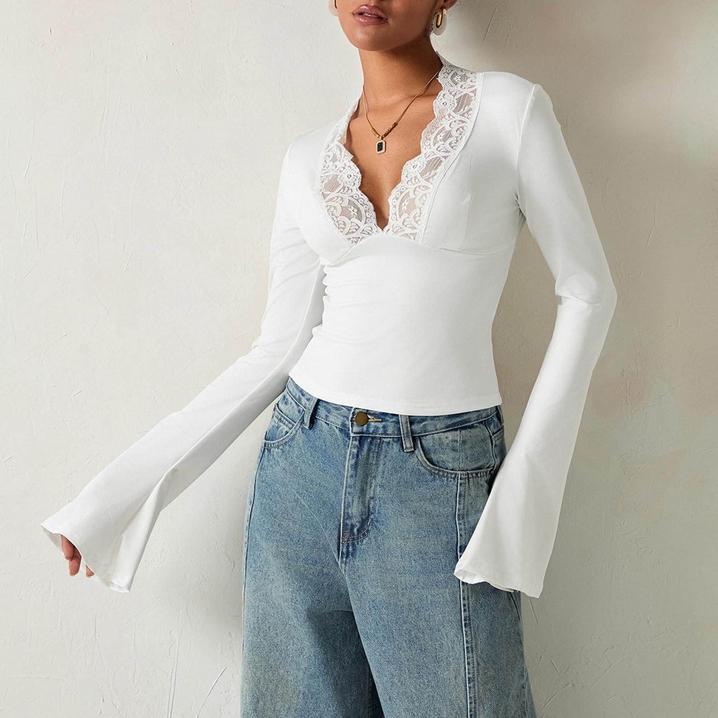 Slim V-neck Lace Ins Fashion Trumpet Sleeve Long-sleeved tank Top Women Clothing - Velora