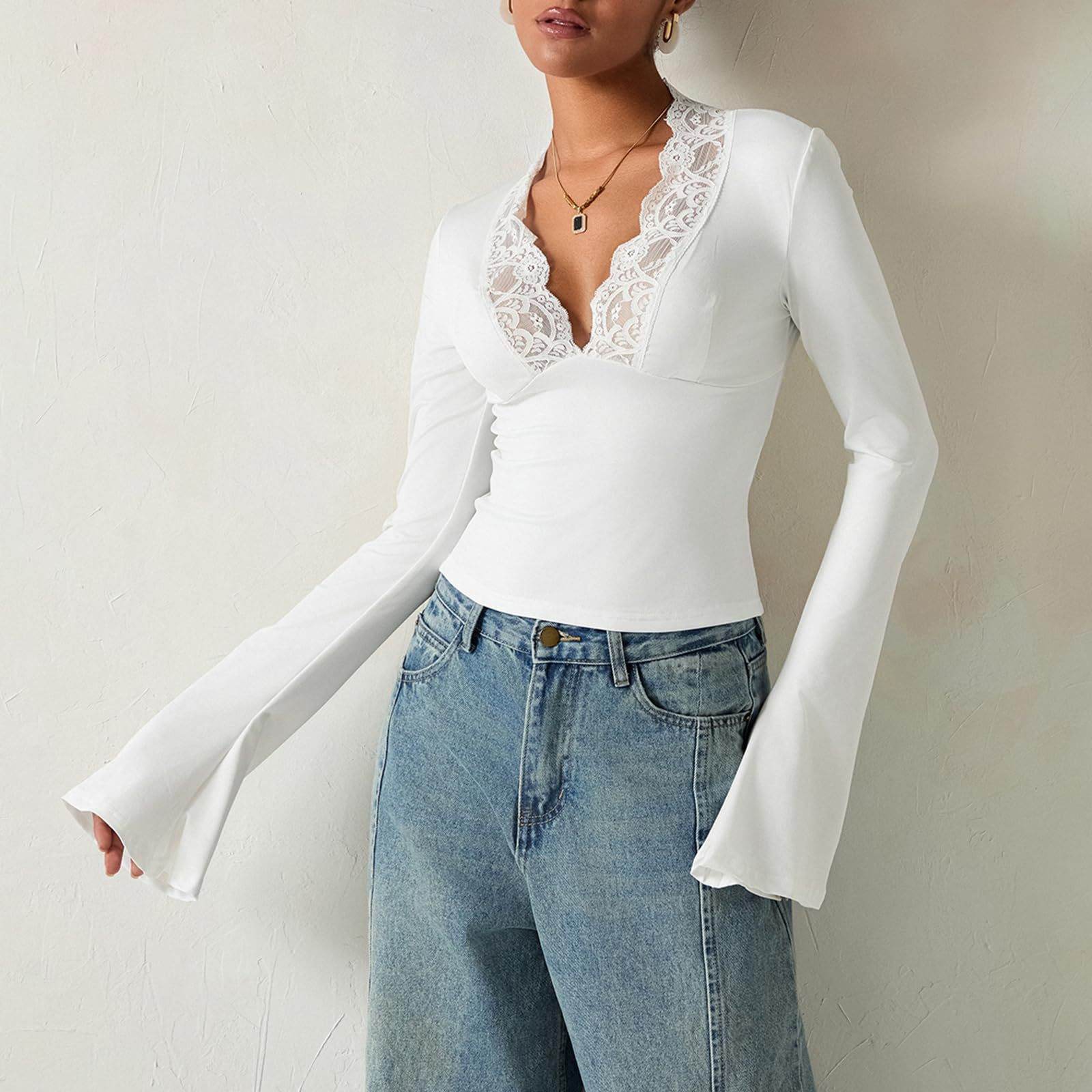 Slim V-neck Lace Ins Fashion Trumpet Sleeve Long-sleeved tank Top Women Clothing - Velora
