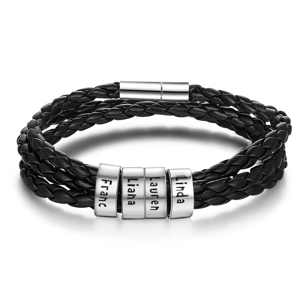 Personalized Mens Braided Genuine Leather Bracelet Stainless Steel Custom Beads Name Charm Bracelet For Men With Family Names - Velora