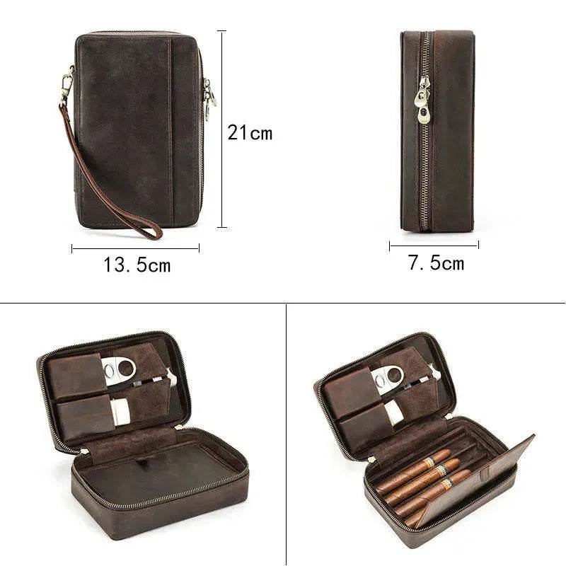 Portable Horse Leather Double Zipper Storage Cigar Travel Humidor Bag - Velora