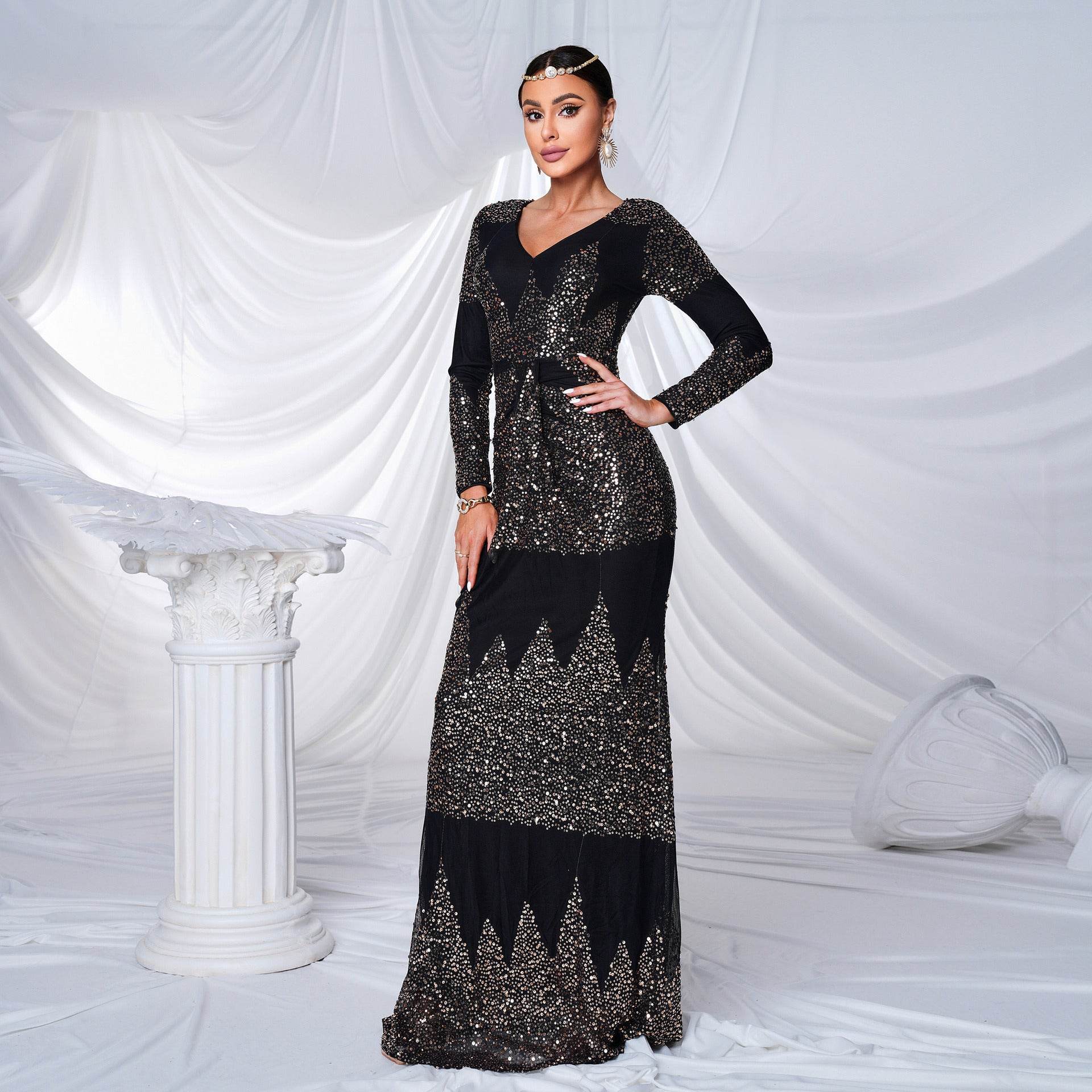 Long Sleeve V-neck Sexy Slim-fit Long Sequined Banquet Evening Dress - Velora