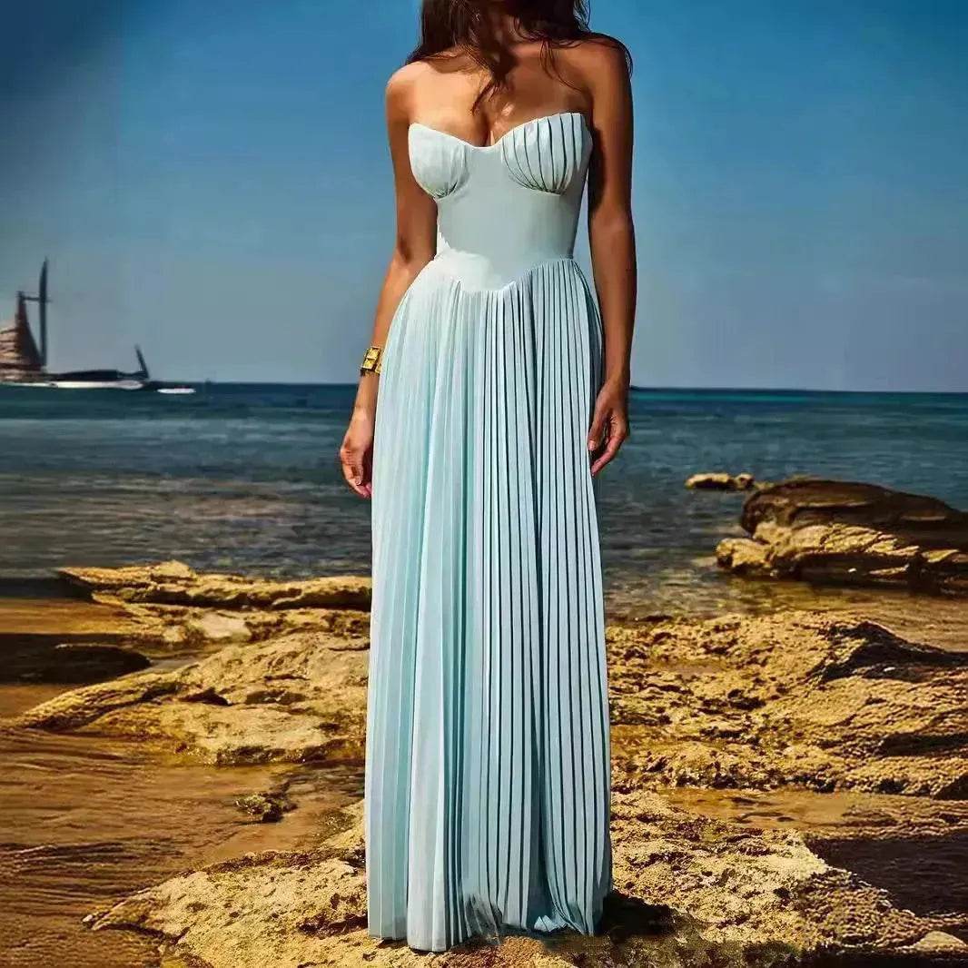 Luxury Blue Strapless Slimming Pleated Long Dress Elegant Tube Dress for Wedding Cocktail Evening Party Events. - Velora
