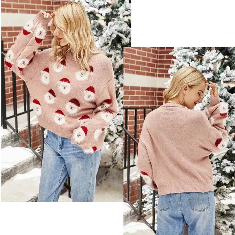 Christmas Sweater Women Cute Cartoon Santa Print Knit Sweater Winter Tops - Velora