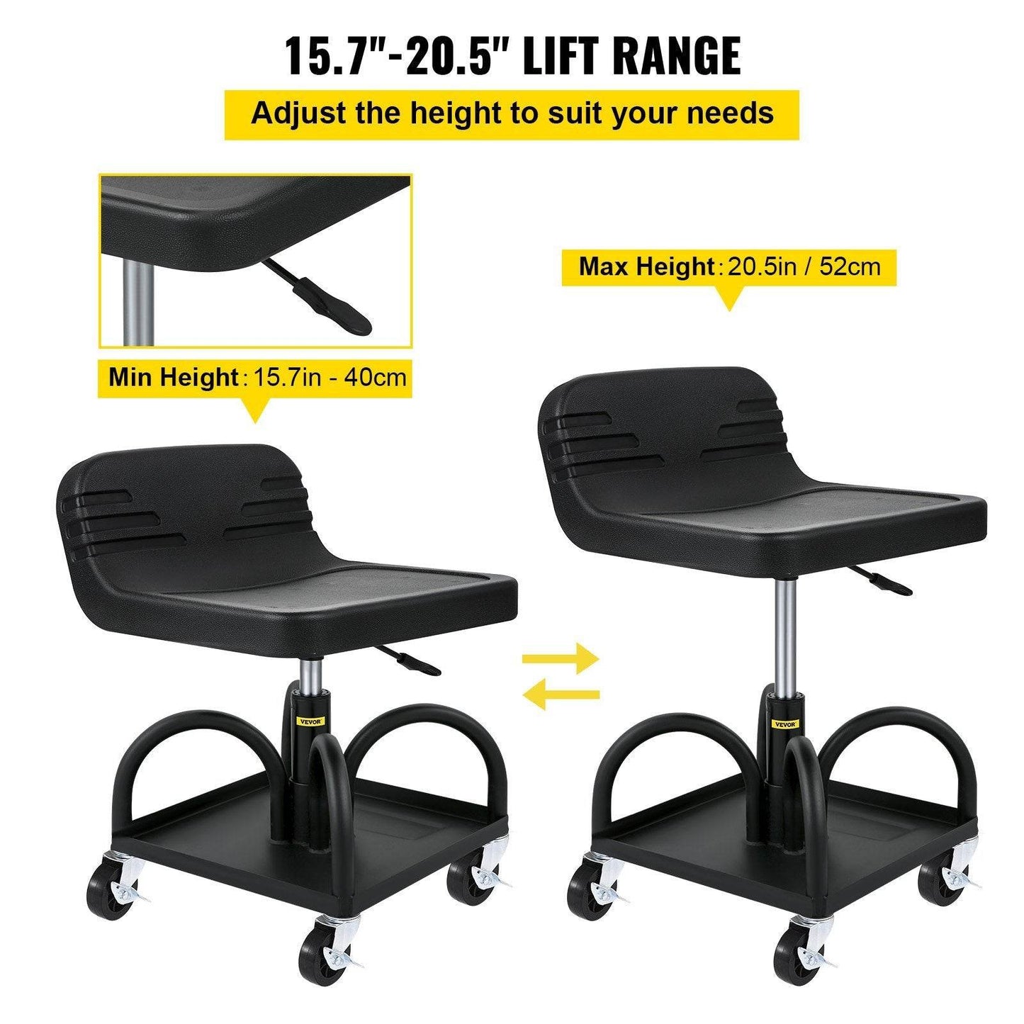 Rolling Garage Stool, 300LBS Capacity, Adjustable Height From 15.7 In To 20.5 In, Mechanic Seat With 360-degree Swivel Wheels And Tool Tray, For Workshop, Auto Repair Shop, Black - Velora