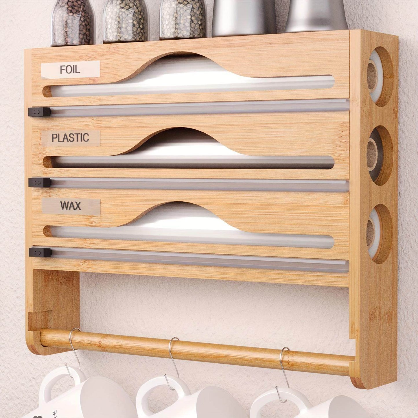 3 grid Bamboo Wood Wall Mounted Food Wrap Dispenser - Velora