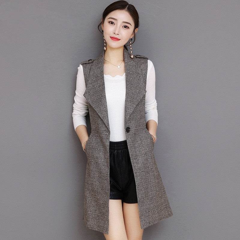 Plaid Long Blazer Vest Women Sleeveless Jacket - Velora