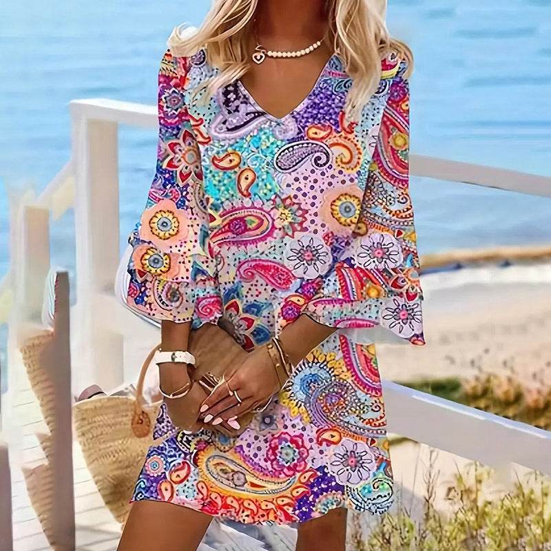 Women's V-Neck Floral Print Dress 3 4 Sleeve Summer Beach Vacation Dress With Pockets - Velora
