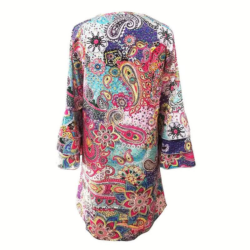 Women's V-Neck Floral Print Dress 3 4 Sleeve Summer Beach Vacation Dress With Pockets - Velora