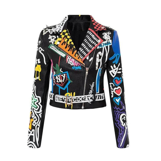 Printed Hit Color Jacket Motorcycle Leather Jacket Women's Suit Collar Trendy Jacket - Velora